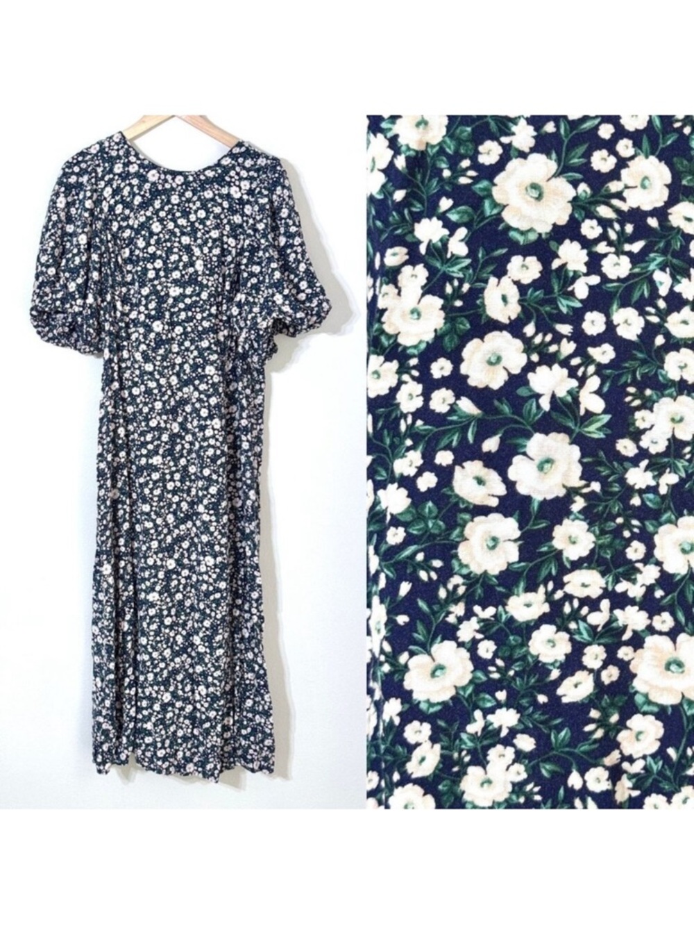 Old Navy Floral Maxi Dress Puff Sleeve 2X Smocked Open Back Cottagecore Prairie